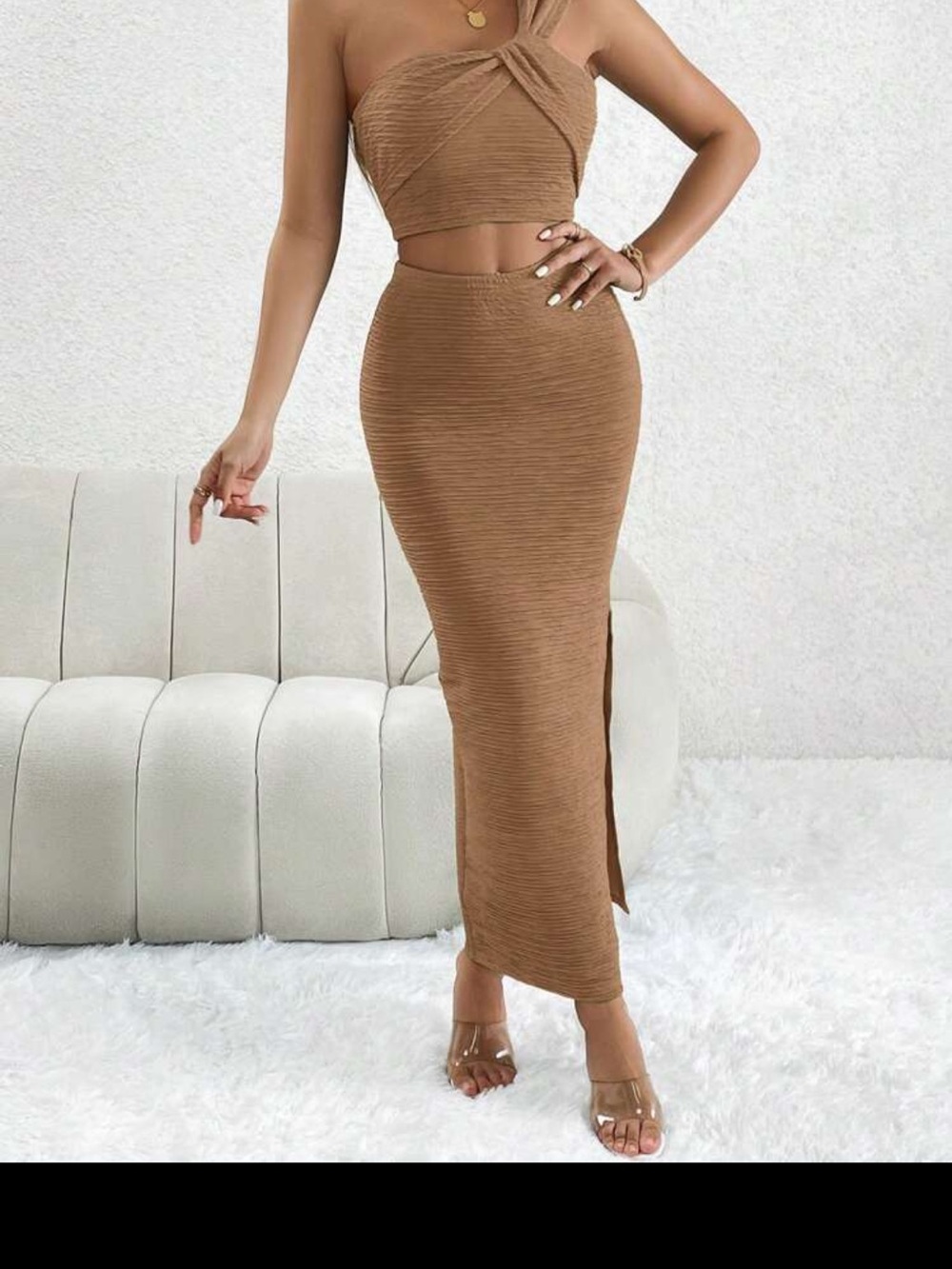 Sanctuary Tan Ribbed High-Waist Maxi Skirt with Side Slit